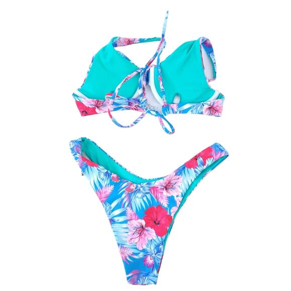 Shein Bikini Small Floral Bright Cheeky Brazilian Bottoms Bathing Suit 2 Piece - Picture 2 of 5